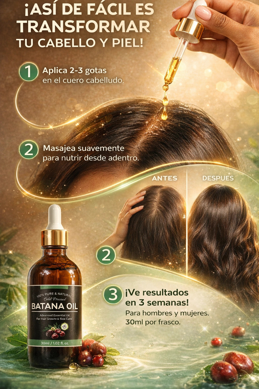 Aceite de batana – 100% puro y natural de Honduras para el crecimiento del cabello, elimina las puntas abiertas, mejora el brillo y la nutrición para todo tipo de cabello