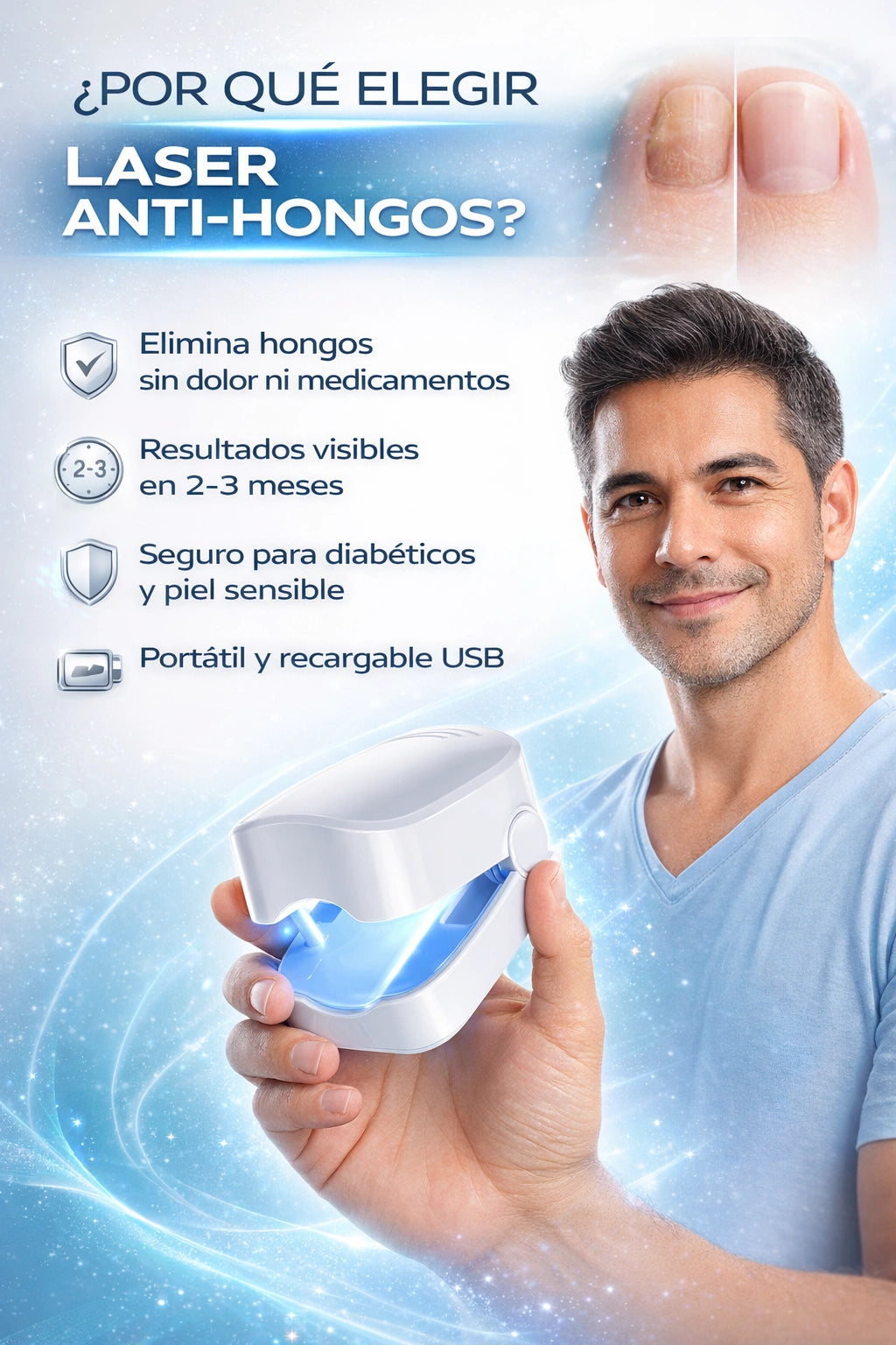 Tratamiento láser avanzado para hongos en uñas de manos y pies, eficaz y seguro contra la onicomicosis, ideal para uso doméstico (blanco).